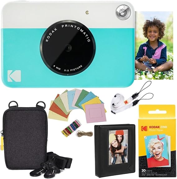 Kodak Printomatic Sofortbildkamera (Blau) Paket + Zinkpapier (20 Blätter) Etui + Fotoalbum + Hängerahmen + Bequemer Halsriemen