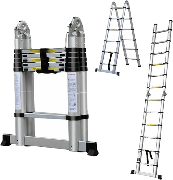 Jupitor Aluminum Telescoping Ladder A-Frame 2 in 1 Versatile Ladder - 6 FT Herringbone or 12FT Standard, Multi-Purpose Folding Ladder for Home, Roof, Rv with Stabilizer Bar