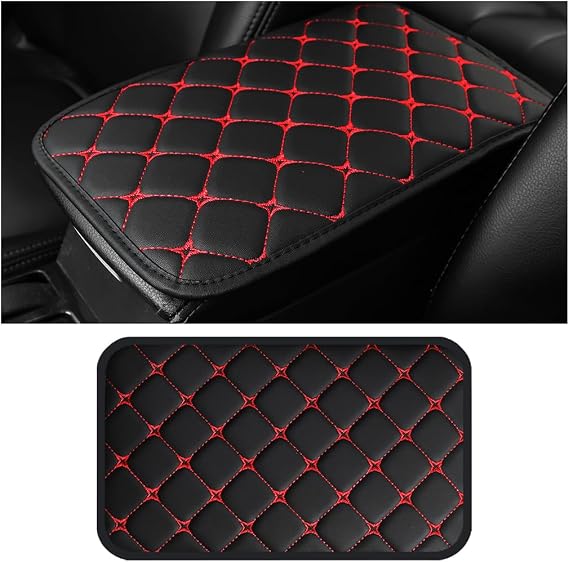 HZEL 12.6 x 7.5 Inch Padded PU Leather Center Console Pad, Black/Red | PU leather surface, elastic strap installation, soft cushioning, helps block wear and scratches, embroidered grid design