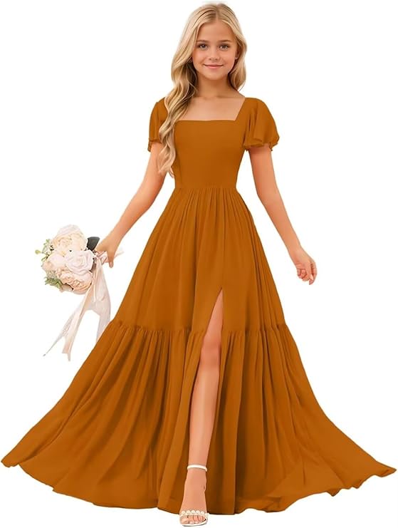 Flutter Sleeve Junior Bridesmaid Dresses for Tees Girls Square Neck Chiffon Flower Girl Dress with Slit