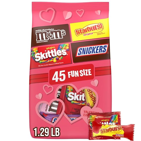 M&MS, SNICKERS, SKITTLES & STARBURST Fun Size Variety Pack, Valentines Candy Bulk to Share, Hand out, 45 Count