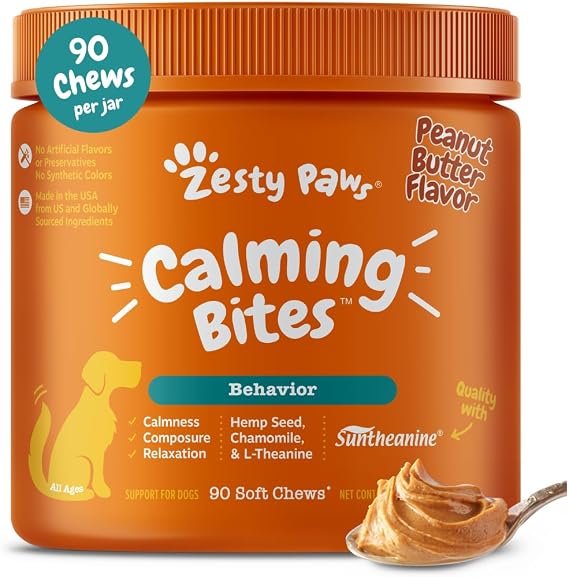 Zesty Paws Calming Chews for Dogs - Dog Calming Supplement, PB, 90 Ct