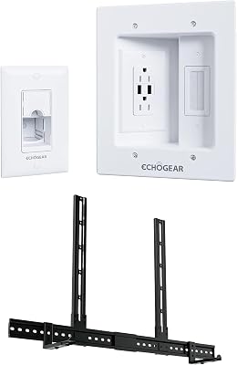 ECHOGEAR in-Wall TV Cord Hider Kit with 2X AC Outlets & USB-A Ports White and Dual-Threat XL Soundbar Mount Bundle Hide Cables and Securely Mount Rear or Bottom Soundbars for a Sleek Setup