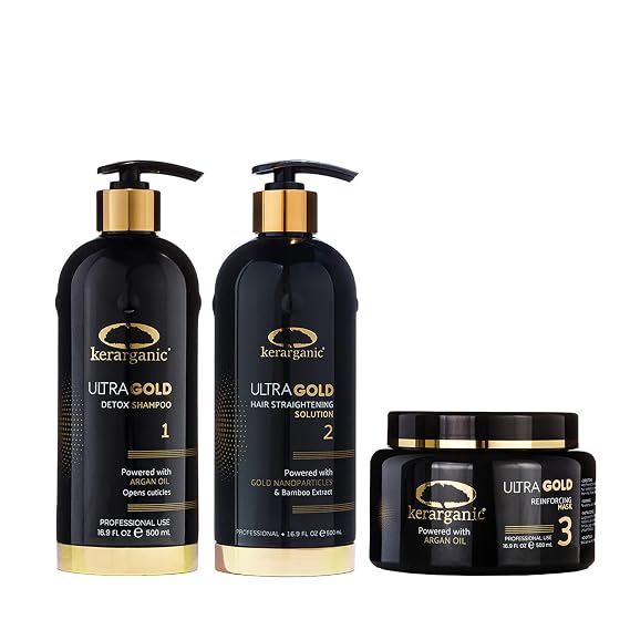 ULTRA GOLD - PROFESSIONAL BRAZILIAN KERATIN TREATMENT BUNDLE (Detox Shampoo 500ml + Keratin Treatment 500ml + Mask 500ml)
