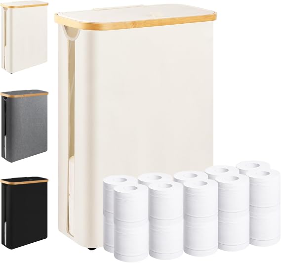 Extra Large Toilet Paper Storage Basket with Lid 49L Slim Toilet Paper Basket Holder Bin Container Organizer for Bathroom Hold up to 20 Regular Rolls or 15 Mega Rolls