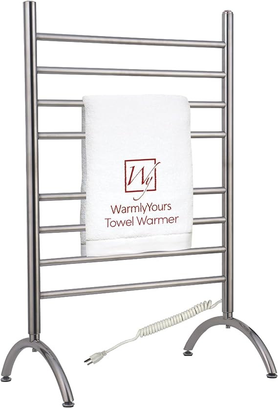 WarmlyYours Barcelona Heated Towel Rack, 8 Bars, Brushed Steel | Freestanding plug-in electric towel warmer, 150W, overheat protection, warms 2 large towels or bathrobes at once