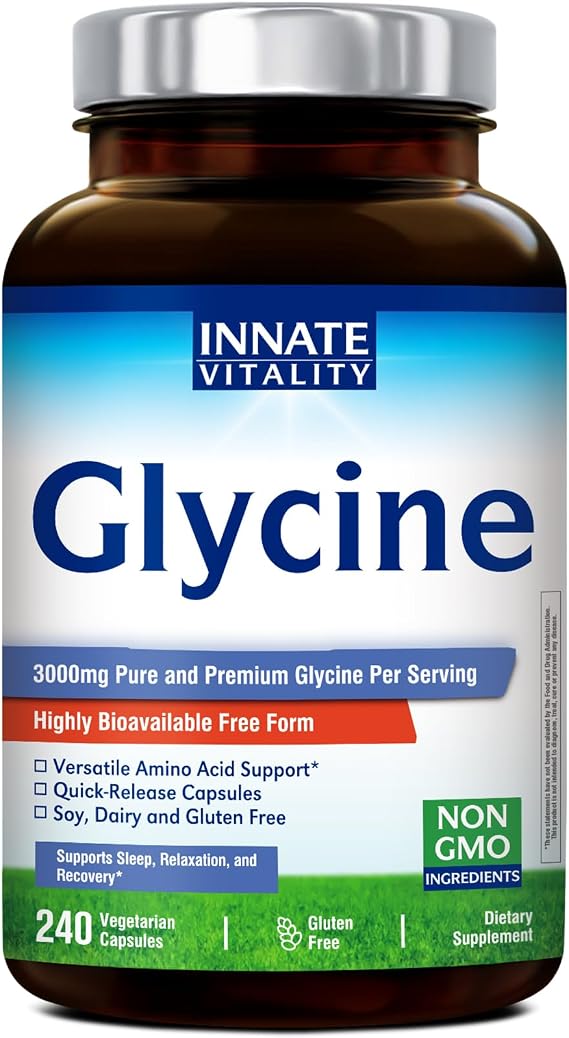 Innate Vitality Glycine Supplements, 3000mg per Serving, Bioavailable Form, Sleep, Relax, Collagen Glutathione Production, Non-GMO, Conditionally Essential Amino Acids, Vegan, 240 Capsules