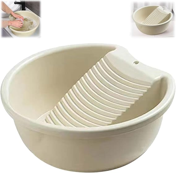 Washboard Basin for Hand Washing Clothes, Plastic Washtub with Built-in Washboard, Non-Slip Design for Delicate Laundry, Ideal for Home, Dorm, Camping & Travel Use (Beige)