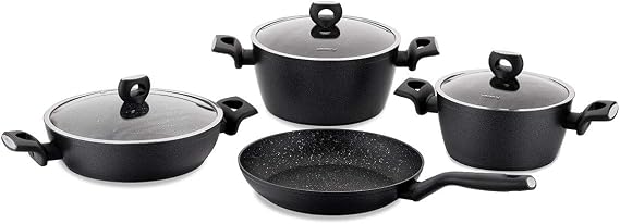 korkmaz Nora Cookware Pots and Pan Set, 7 Piece, Volcanite PTFE Coating, Black A2890Black