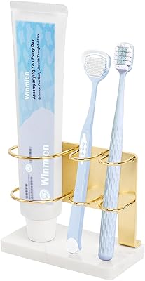 Toothbrush Holder for Bathroom Counter, Metal Toothbrush and Toothpaste Holder Stand with Marble Base for Bath Organizer Countertop, 3 Slots Gold