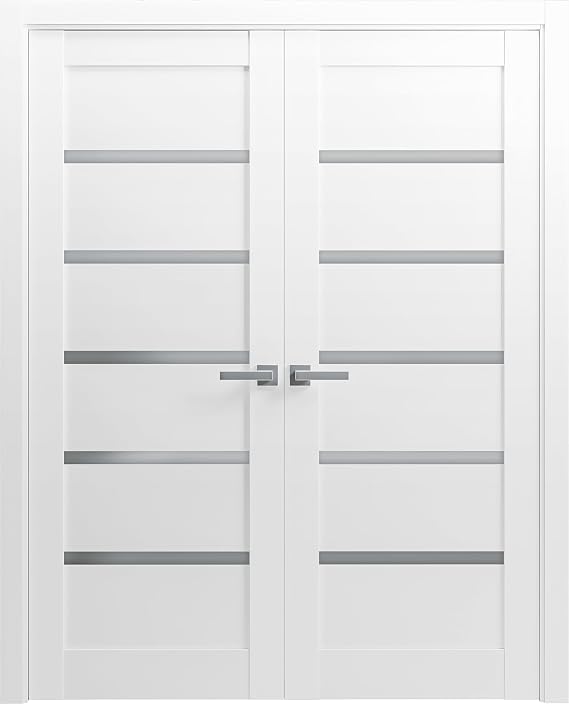 SARTODOORS Interior French Doors 72 x 84 inches | Quadro 4117 White | Double Swing Doors | Frosted Glass MDF Hardware Included Modern | Living Room Office