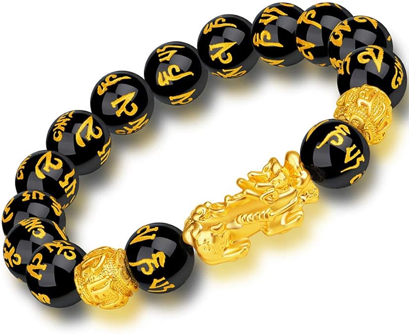 Feng Shui The Best 12mm Black Hand Carved Mantra Bead Bracelet with Golden Pi Xiu/Pi Yao Lucky Wealthy Amulet Brecelet