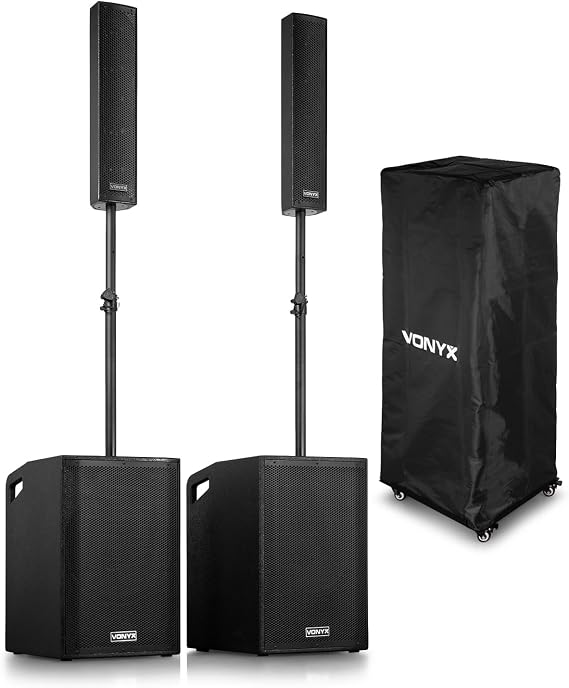 Vonyx VX1080BT active column line array speaker system with 2x 15" subwoofers, plug & play kit, built-in Bluetooth, MP3 playback, stackable DJ PA speakers for gigs, venues, and live events