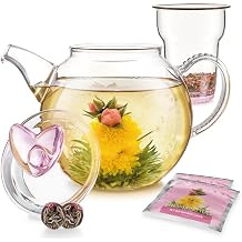 Teabloom Eternal Love Teapot Glass Teapot (36 oz), Heart-Topped Lid, Glass Loose Leaf Tea Infuser + 2 Gourmet Blooming Teas - Thermal Shock Resistant - Stovetop Safe