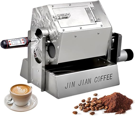Electric Coffee Bean Roaster, Gas Coffee Bean Baker with Thermometer, 3.4L Drum Type Stainless Steel Coffee Roaster Machine for Home and Commercial Use