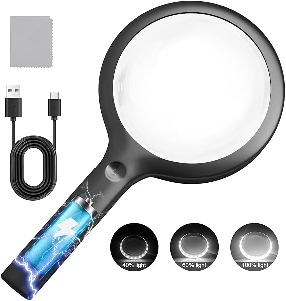 15X Rechargeable Magnifier with Light, Handheld Magnifying Glass