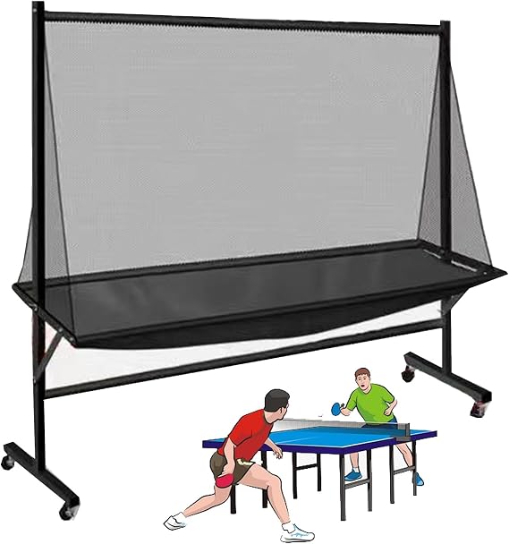 Table Tennis Ball Catch Net with Wheels Ball Collector and Side Fence, Practice Net Attaches to Ping Pong Table for Ping Pong Robots, Serves and Multi-Ball Training,A