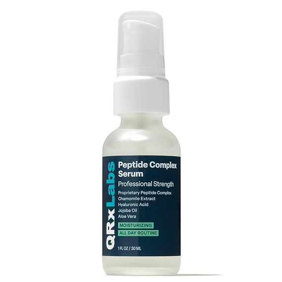 QRxLabs Peptide Complex Face Serum - Firming Collagen Peptide Serum - Antiaging Skincare Gel with Hydrating Hyaluronic Acid with Chamomile Extract - Unscented Gel, 1 Fl Oz