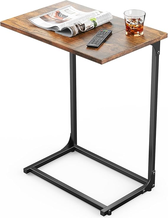 Pipishell C-Shaped Side Table, C Table for Sofa with Two-Piece Desktop & Metal Frame, Large Surface End Table for Living Room, Bedroom, Beside, and Home Office, Rustic Design