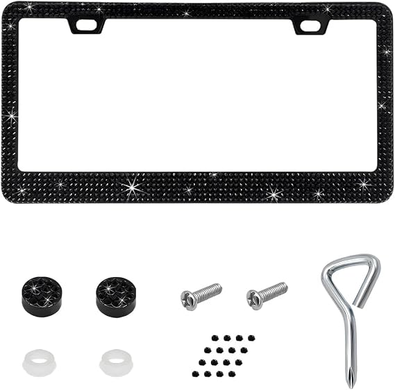 Bling License Plate Frame, Sparkly Bedazzled Auto Tag Holder with Mounting Kit, Handcrafted Crystal Stainless Steel Licence Plate Cover for Women Girls, Car Accessories (Black)