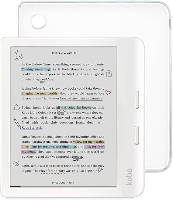 Kobo Libra Colour White eReader & Clear Case Bundle | 7 Glare-Free Colour E Ink Kaleido 3 Display | Dark Mode Option | Waterproof | Slim & Lightweight Clear Case