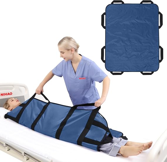 NIHAO Multipurpose Positioning Bed Pad with Reinforced Handles 48" x 40" Bed Transfer Sheet Patient Lifting Mat for Turning, Repositioning Washable & Reusable Draw Sheet for Hospital & Home, Navy Blue