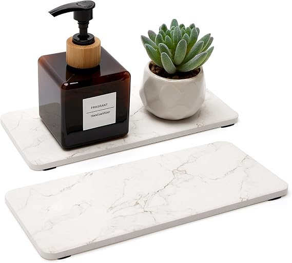 2 Water Absorbing Stone Drying Trays for Bathroom Sink Kitchen Soap Counter