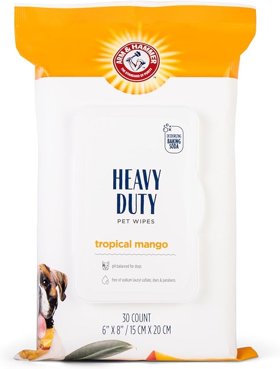 Arm & Hammer Heavy Duty Multipurpose Dog Bath Wipes, Mango Scent, 30 Count | Travel size, all-purpose wipes, removes odor, refreshes coat between baths, convenient daily use, gentle