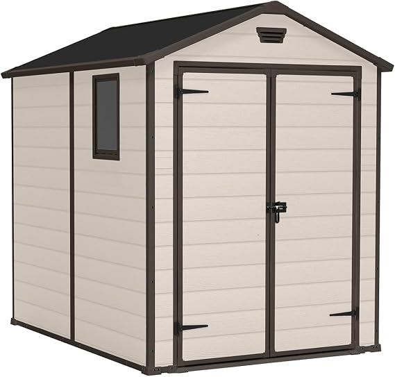 Keter Manor Outdoor Apex Double Door Garden Storage Shed 6 x 8ft Beige Brown Wood effect | Fade Free | All Weather Resistant | Safe and Secure | Zero Maintenance |