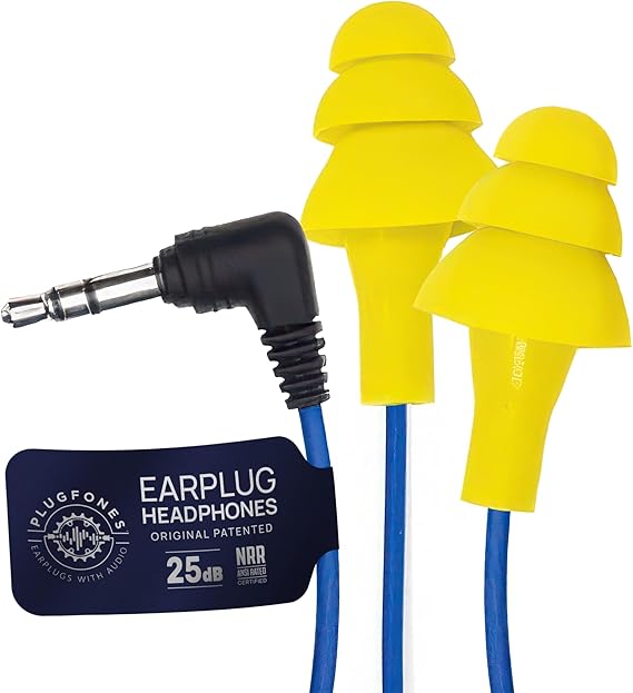 Plugfones Basic Wired Earplug Headphones for Work, OSHA PPE Earbuds, 3.5mm | 25dB NRR Hearing Protection Ear Plugs, Safety Headphones for Work, Construction, Warehouse, Helmet Earbuds, Racing, Yellow