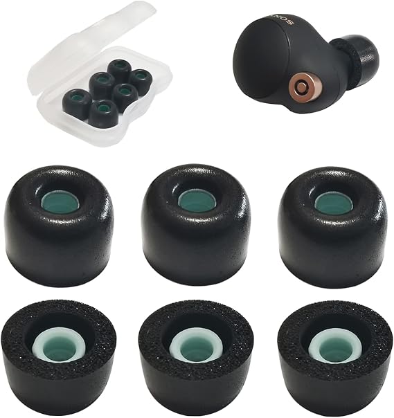 Memory Foam Ear Tips for Sony WF-1000XM4/XM5 Noise Isolating, Secure Fit | 3 Pairs Large Anti-Slip Replacement Earbuds Tips Accessories for Sony Earbuds, Black