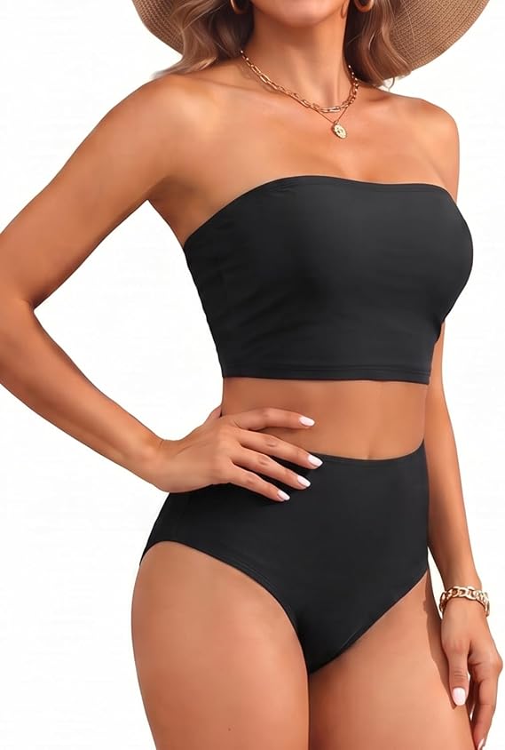 Bandeau Bikini Set Strapless Two Piece Swimsuit Longline Bathing Suits