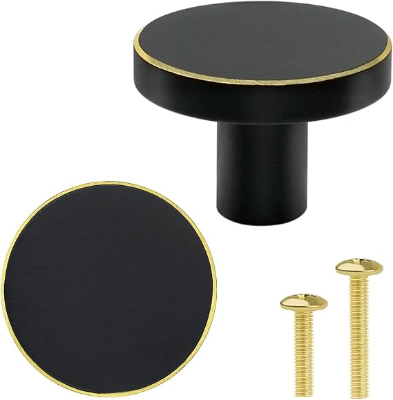 4 Pack Black Cabinet Knobs & Drawer Pull Handles – Round Solid Brass Door knobs for Kitchen Cupboard Dresser Wardrobe, 28 * 20 mm