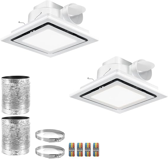 2PCS 12 Inch Bathroom Exhaust Fan with Light, 110CFM Vent Fan with Light, Quiet Bathroom Fan with Lever Wire Connectors&Duct(Single Light and Adjustable Light)