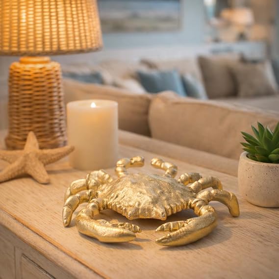 NESS AND JORD Sagebrook Home Coastal Crab Figurine - Decorative Gold Aluminum Metal Sculpture - Nautical Accent for Home, Office, Bedroom, Living Room - Coastal Themed Decor - 7" Metallic Gold