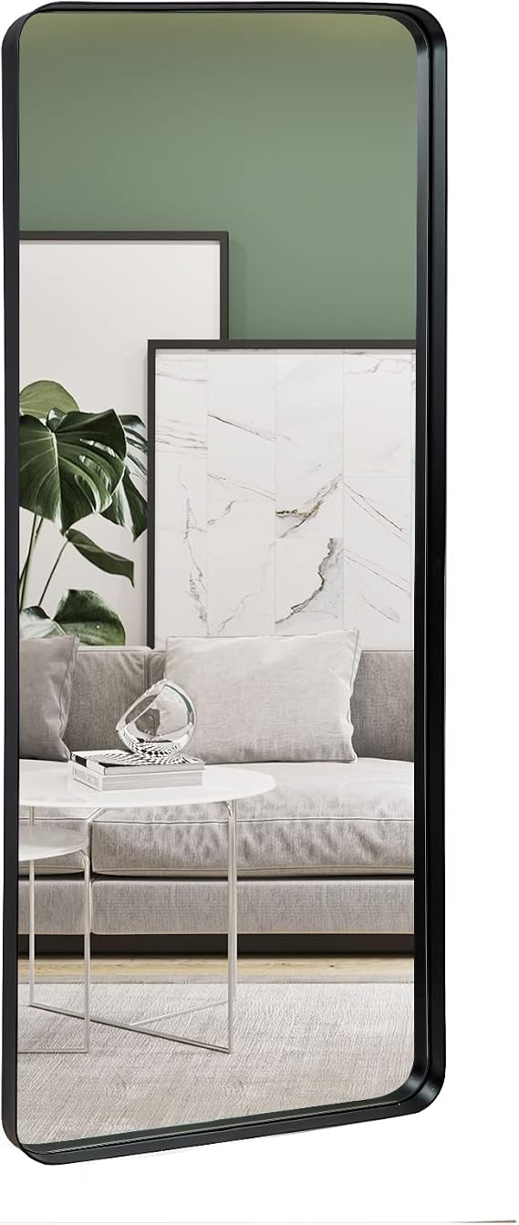 18x48 Inch Full Length Mirror, Black Metal Large Wall Mirror | Modern Long Mirror with Rounded Corner, Glass Panel Decorative Mirror for Vanity, Bathroom, Hangs Horizontal or Vertical