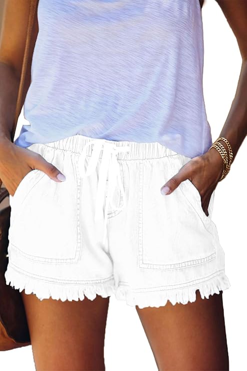 HVEPUO Women's Jean Shorts Frayed Raw Hem Drawstring Denim Shorts Casual Summer