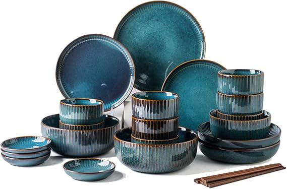 28 Piece Porcelain Tableware for 6 People Soup Plates Flat Dinner Plates Dessert Plates and Bowls Modern Creative Kiln Change Glaze Dinner Service Crockery Set