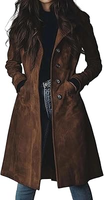 ZWRXW Womens Faux Suede Jacket Lapel Single Breasted Long Trench Coat Windproof Military Utility Safari Jacket Overcoat Brown