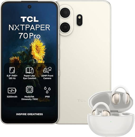 Bundle of TCL NXTPAPER 70 Pro 5G Android Smartphone,NXTPAPER 4.0,Natural Light Display,512GB+8GB,AI-boosted Productivity,Nebula Gold + TCL CrystalClip Clip Up to 36 Hours Playback Moon White