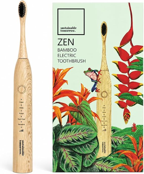 Sustainable Tomorrow Zen Bamboo Electric Toothbrush, Durable Wood-Grain ABS Handle, Rechargeable w/Plant-Based Soft Bristles, Bamboo Heads, 5 Modes & 30-Day Battery