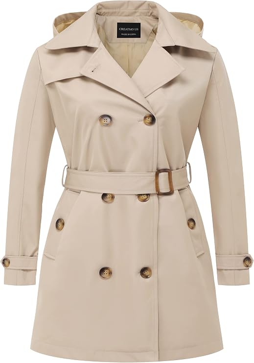 CREATMO US Women's Plus Size Trench Coat Double-Breasted Classic Lapel Overcoat Belted Outerwear Coat with Detachable Hood