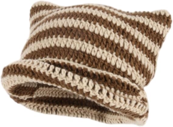 KIEKIECOO Grunge Crochet Cat Ear Beanie Vintage for Women Striped Cute Knitted Hat Slouchy Y2k Loverboy Winter Warm