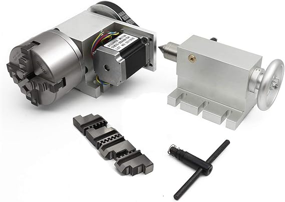 RATTMMOTOR CNC Rotary Axis 4 Axis K12-100mm Dividing Head with 4 Jaw Chuck with 65mm Tailstock CNC Rotary Axis 4th Axis for Engraving Machine Milling Machine RATTMMOTOR CNC Rotary Axis 4 Axis K12