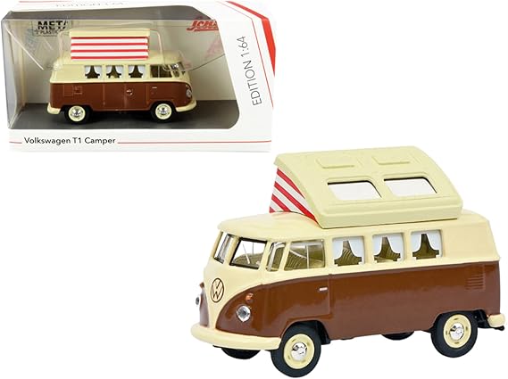 VW T1 Camper Bus with Pop-Top Roof Brown and Cream 1/64 Diecast Model by Schuco 452026600