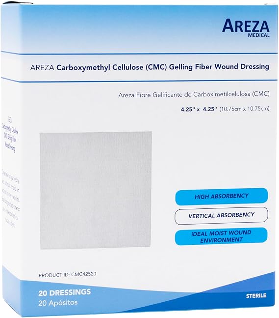 Areza Medical - CMC Gelling Fiber Wound Dressing - sterile - 4.25" x 4.25" (10.75 cm x 10.75 cm) - 20 PCS per Box