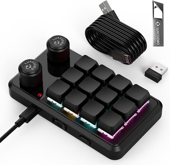 12-Key Macro Pad Programmable Mini Mechanical RGB OSU Knob Wireless Type-C | 12-key programmable macro pad, one-handed, RGB backlit, OSU knob, wireless & Type-C, software included