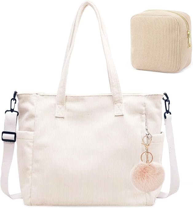 Corduroy Tote Bag,Large Casual Tote Bag with Plush Charm and Small Bag | Tote Bags for Women, Waterproof and Durable Handbag for Work School Shopping Travel(White)