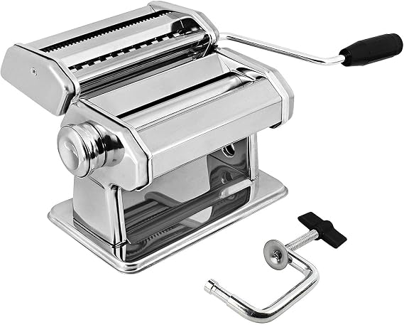 Pasta Maker Machine Stainless Steel Manual | With Adjustable Thickness Settings | Perfect for Homemade Spaghetti Fettuccini Noodles and Lasagna | Includes Removable Handle and Clamp (Silver)