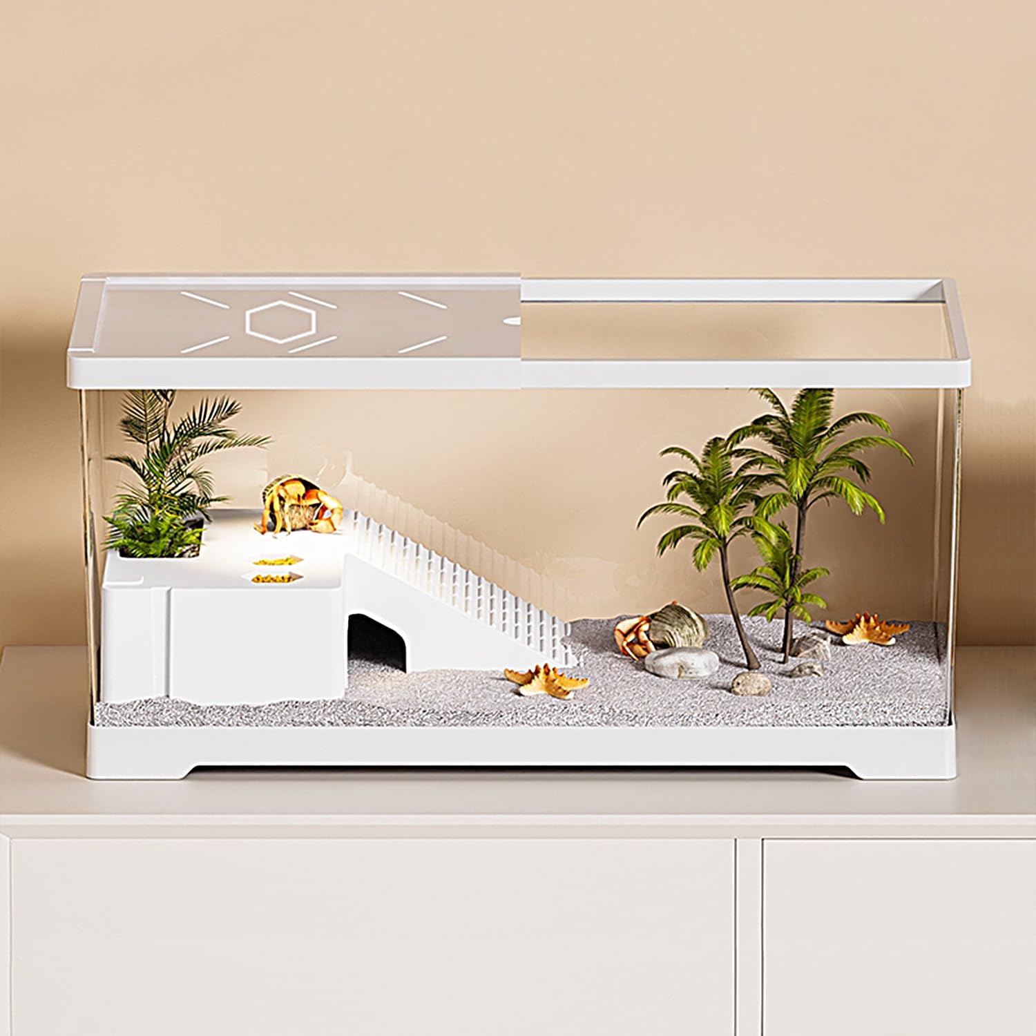 Turtle Fish Tank with Basking Platform and Bottom Drainage, 20" x 9.5" x 9.5" Aquatic Turtle Tank for Juvenile Turtle, Crayfish, Crabs, Amphibians, Reptiles white color